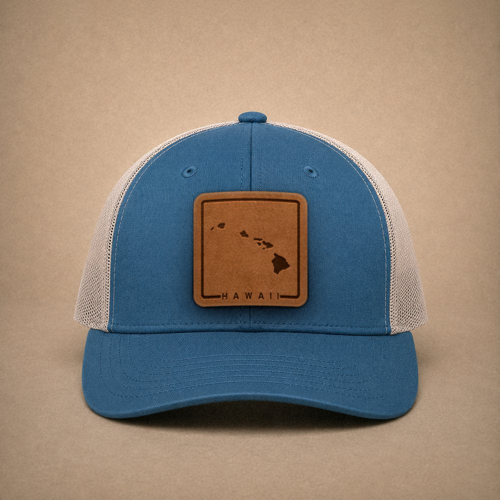 Steel Blue Hawaii hats — Hawaii Outline Leather Patch Trucker Hat