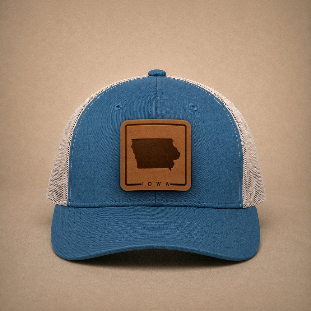 Steel Blue Iowa hats — Iowa Outline Leather Patch Trucker Hat