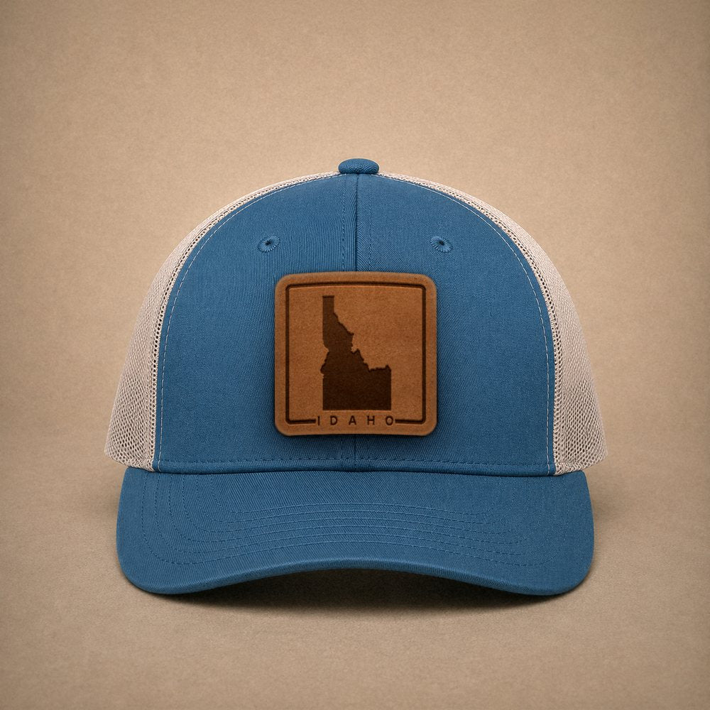 Steel Blue Idaho hats — Idaho Outline Leather Patch Trucker Hat