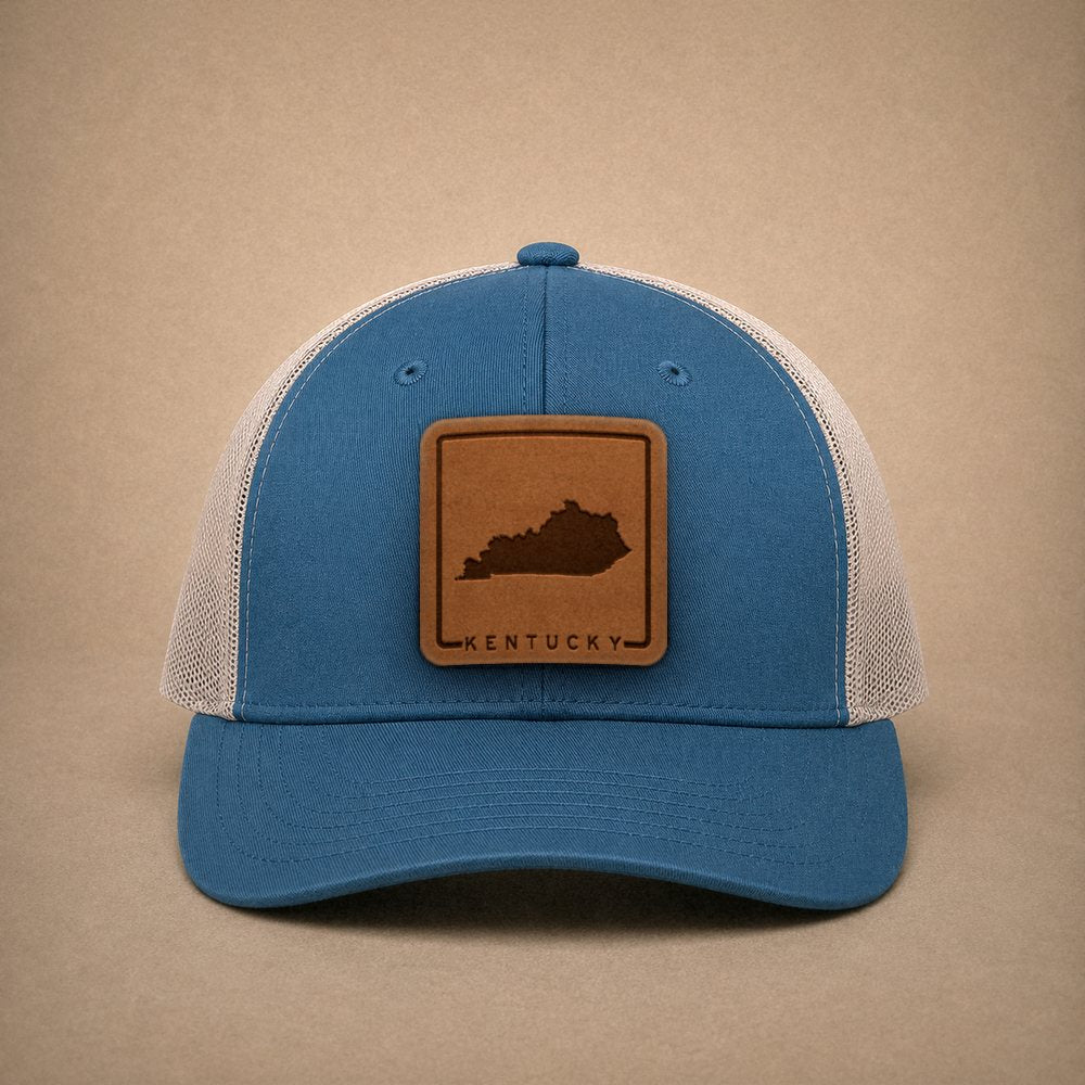Steel Blue Kentucky hats — Kentucky Outline Leather Patch Trucker Hat