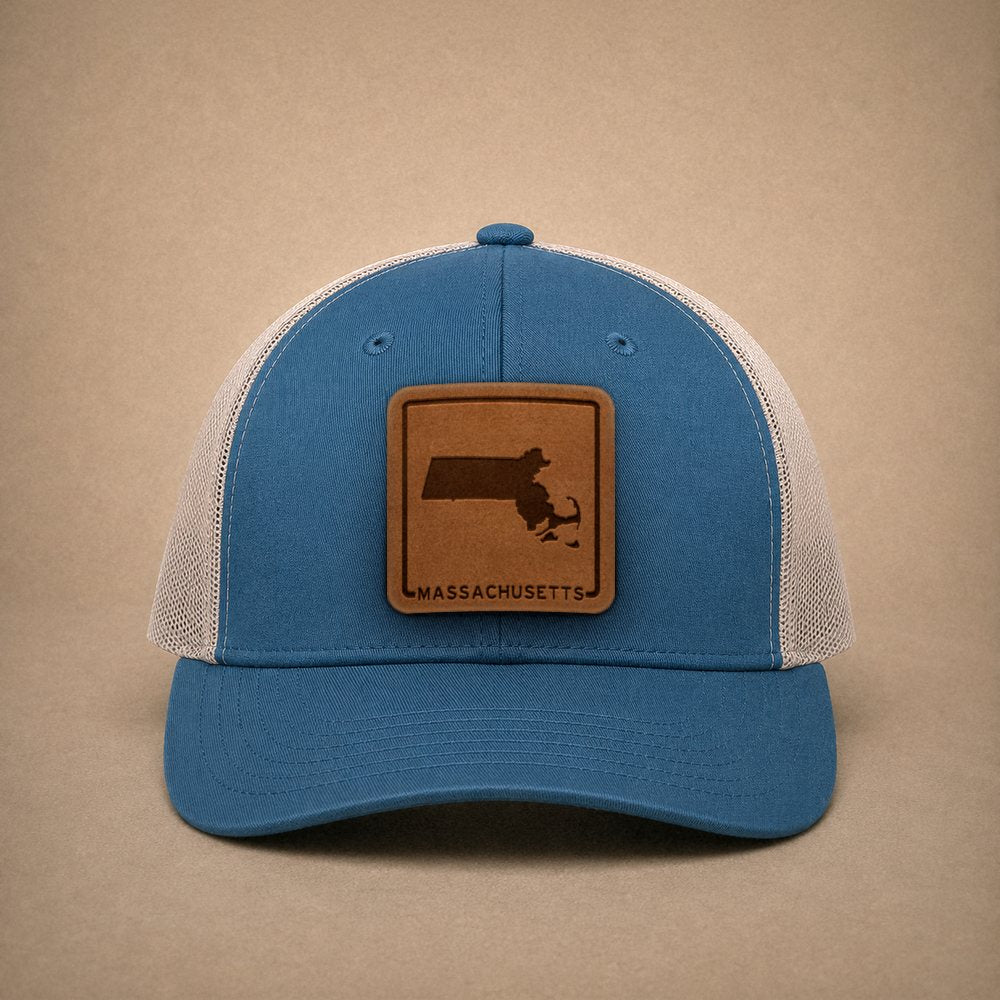 Steel Blue Massachusetts hats — Massachusetts Outline Leather Patch Trucker Hat