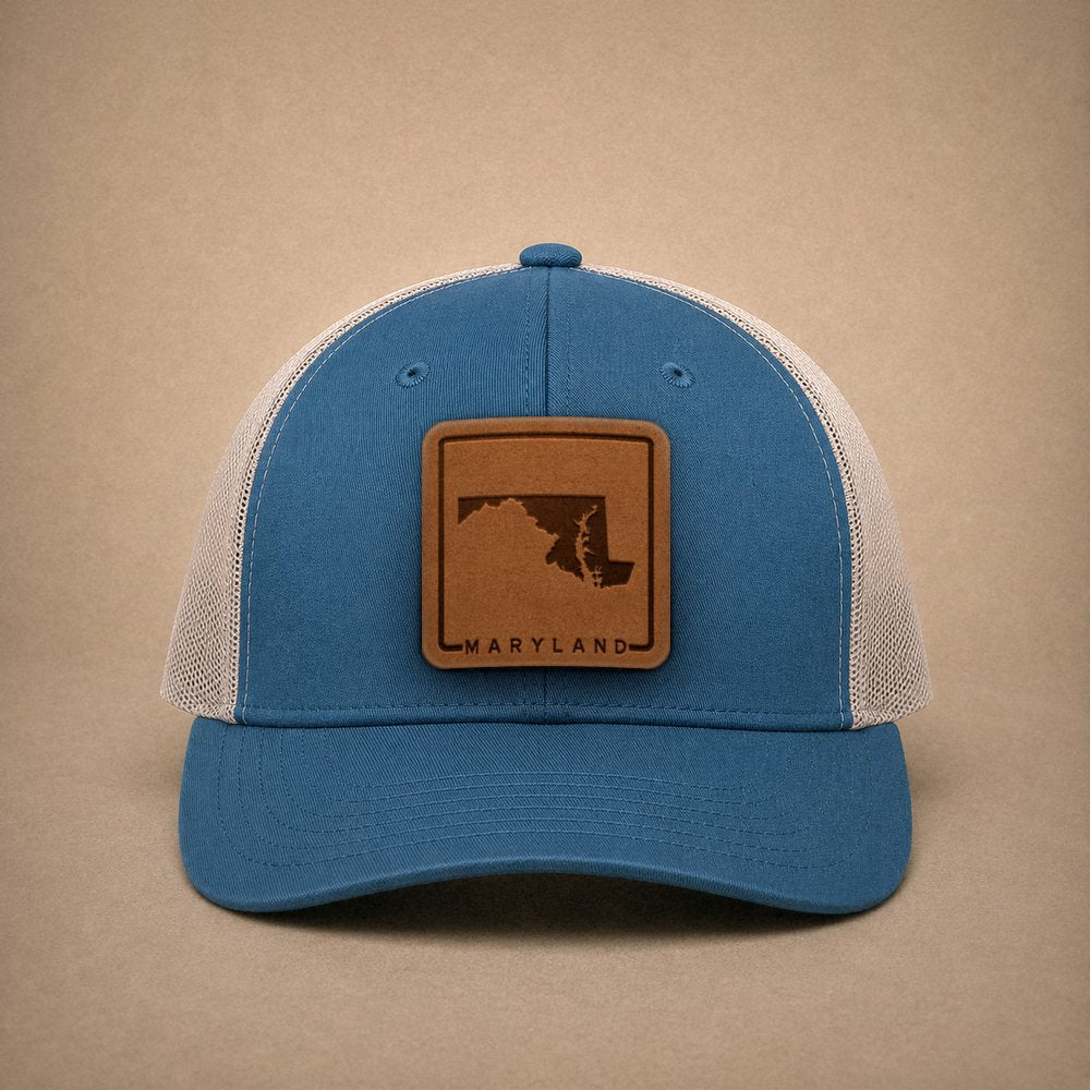 Steel Blue Maryland hats — Maryland Outline Leather Patch Trucker Hat