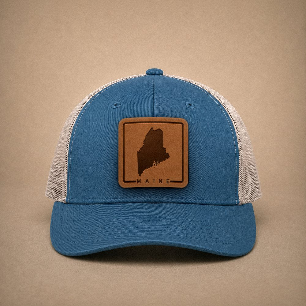 Steel Blue Maine hats — Maine Outline Leather Patch Trucker Hat