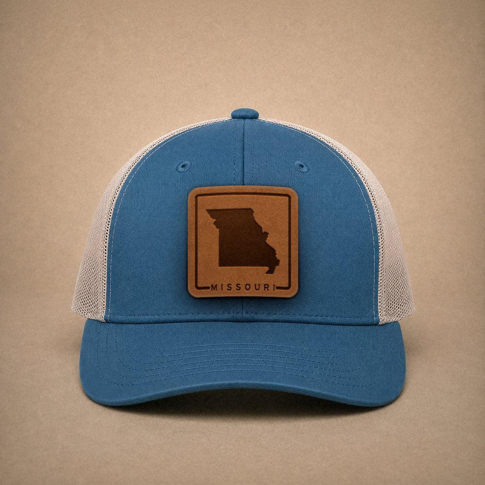 Steel Blue Missouri hats — Missouri Outline Leather Patch Trucker Hat