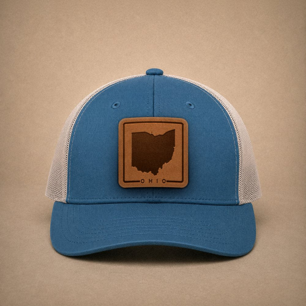 Steel Blue Ohio hats — Ohio Outline Leather Patch Trucker Hat
