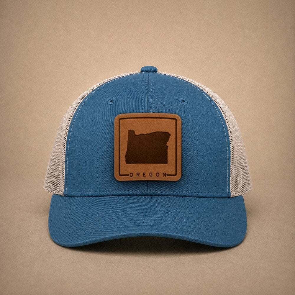 Steel Blue Oregon hats — Oregon Outline Leather Patch Trucker Hat