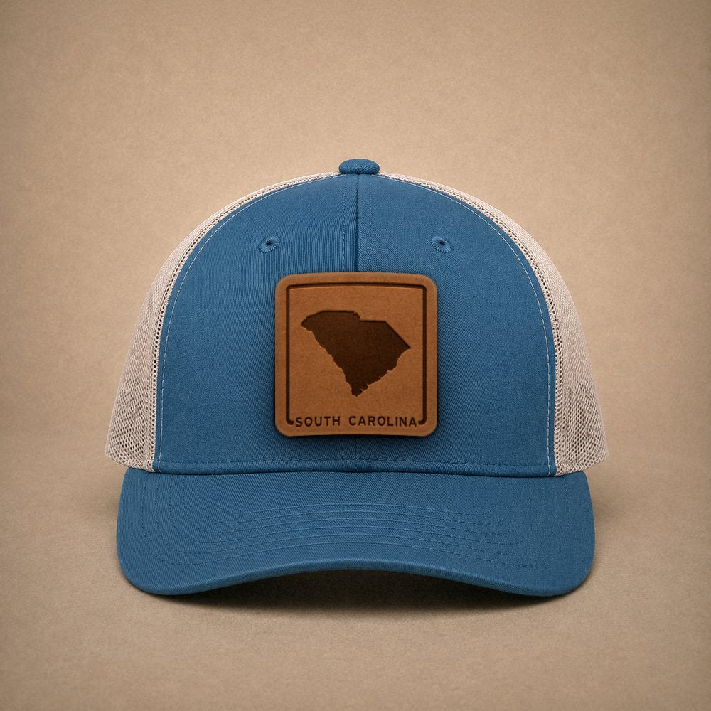 Steel Blue South Carolina hats — South Carolina Outline Leather Patch Trucker Hat
