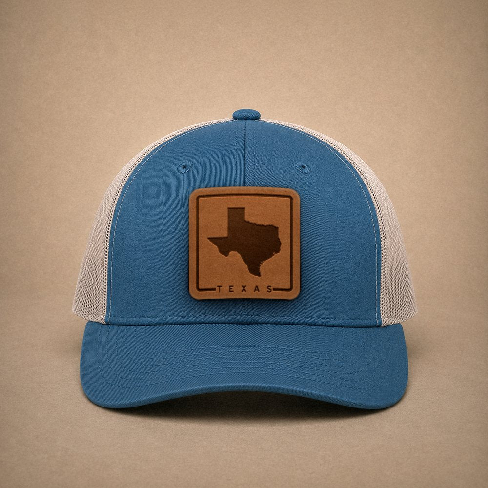 Steel Blue Texas hats — Texas Outline Leather Patch Trucker Hat