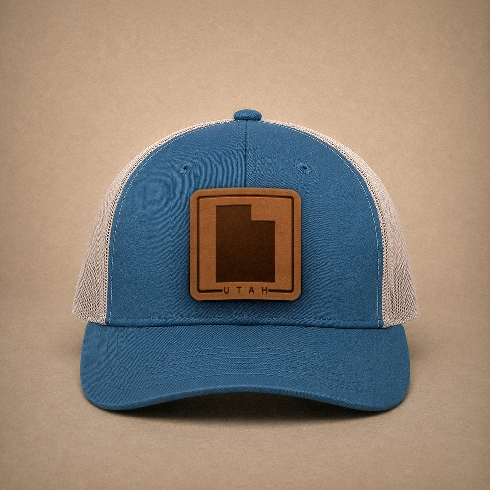 Steel Blue Utah hats — Utah Outline Leather Patch Trucker Hat