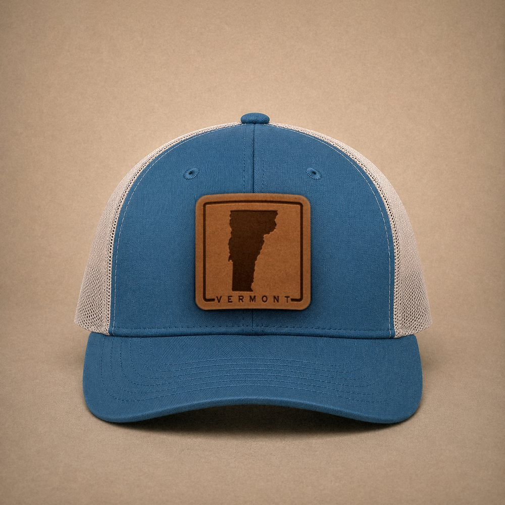 Steel Blue Vermont hats — Vermont Outline Leather Patch Trucker Hat