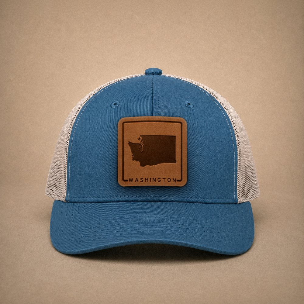 Steel Blue Washington hats — Washington Outline Leather Patch Trucker Hat