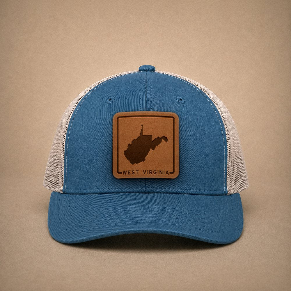 Steel Blue West Virginia hats — West Virginia Outline Leather Patch Trucker Hat