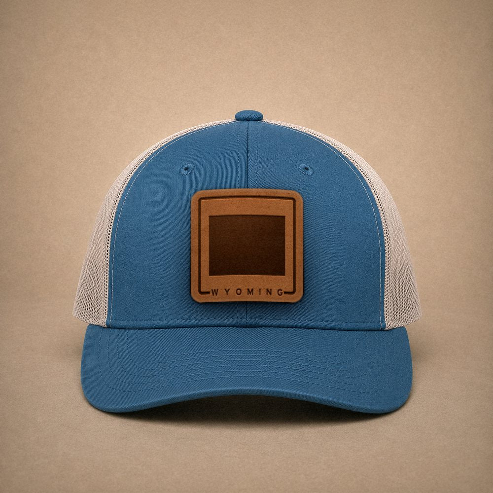 Steel Blue Wyoming hats — Wyoming Outline Leather Patch Trucker Hat