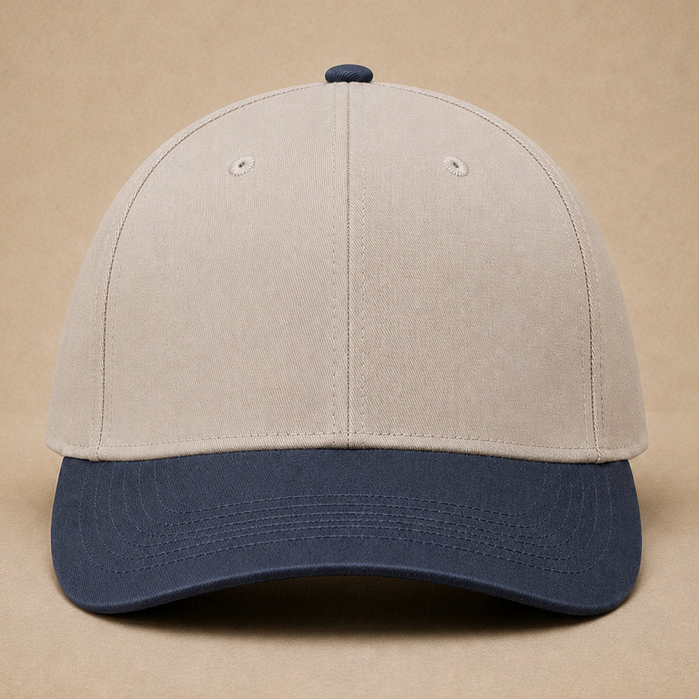 Putty/Navy custom 5-panel hats — Custom Leather Patch 5-Panel Hat
