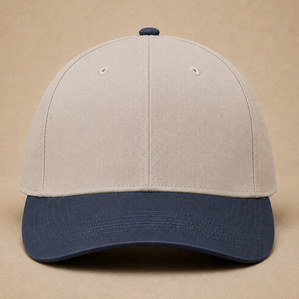 Putty/Navy custom 5-panel hats — Custom Leather Patch 5-Panel Hat