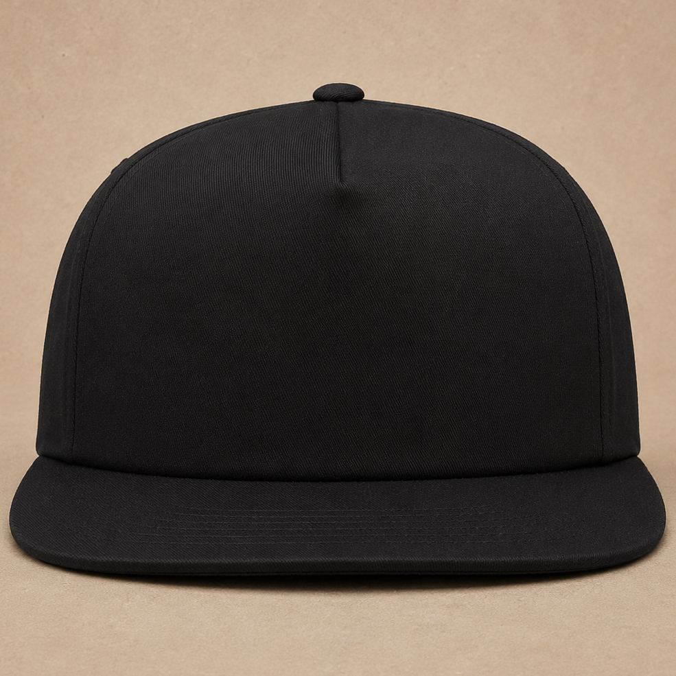 Black custom flat brim hats — Custom Leather Patch Flat Brim Hat